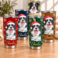 Four stainless steel tumblers displaying a custom Border Collie watercolor in Santa hats against red, blue, green, and brown