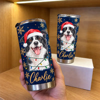 A hand holding a dark blue stainless steel tumbler featuring a festive Border Collie illustration and the name Charlie.