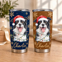 Two stainless steel tumblers with a holiday Border Collie design in dark blue and brown with gold snowflakes.