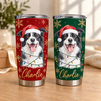 Two stainless steel tumblers featuring a watercolor Border Collie in a Santa hat on red and green backgrounds.