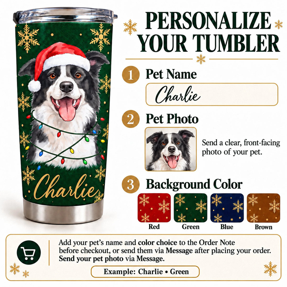 Personalized Christmas Border Collie tumbler with Santa hat, lights, and name customization guide.