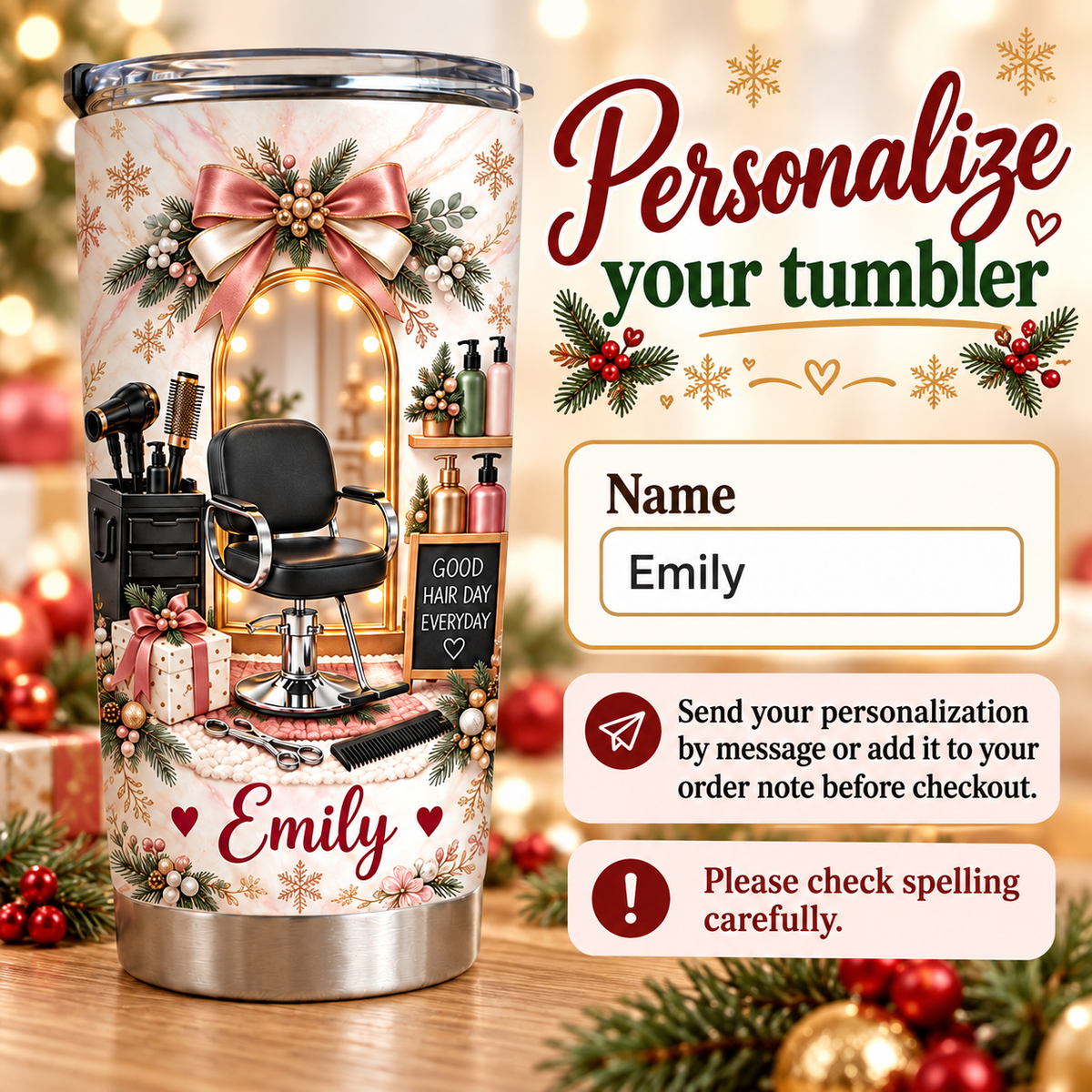 Christmas Hair Salon Tumbler - personalization instructions