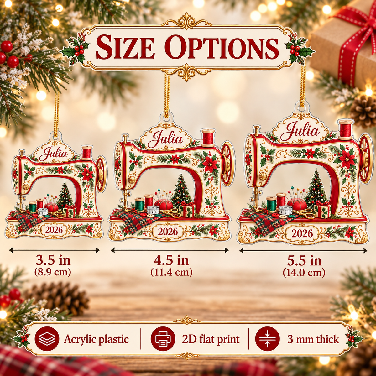 Christmas Sewing Machine Ornament - size options