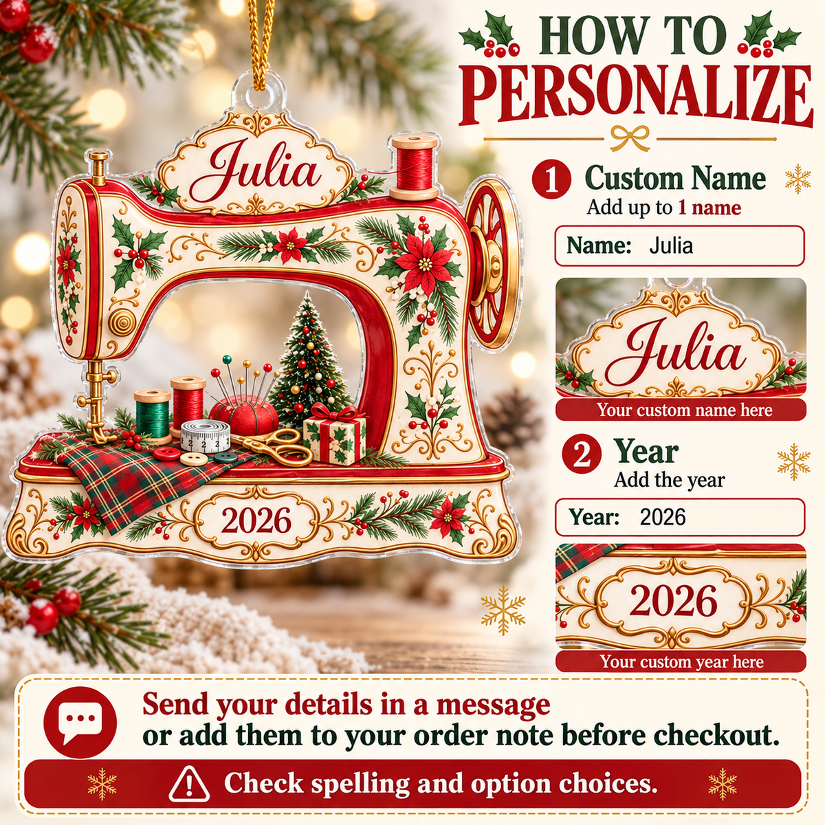 Christmas Sewing Machine Ornament - personalization instructions