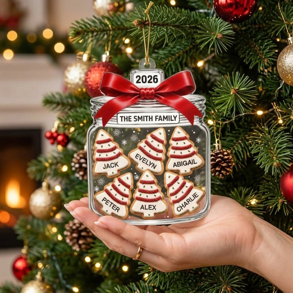 Close-up of Christmas Tree Cookies In A Jar Personalized Family Ornament, Custom Name Holiday Keepsake Christmas for streetwear fans in Austin, Texas