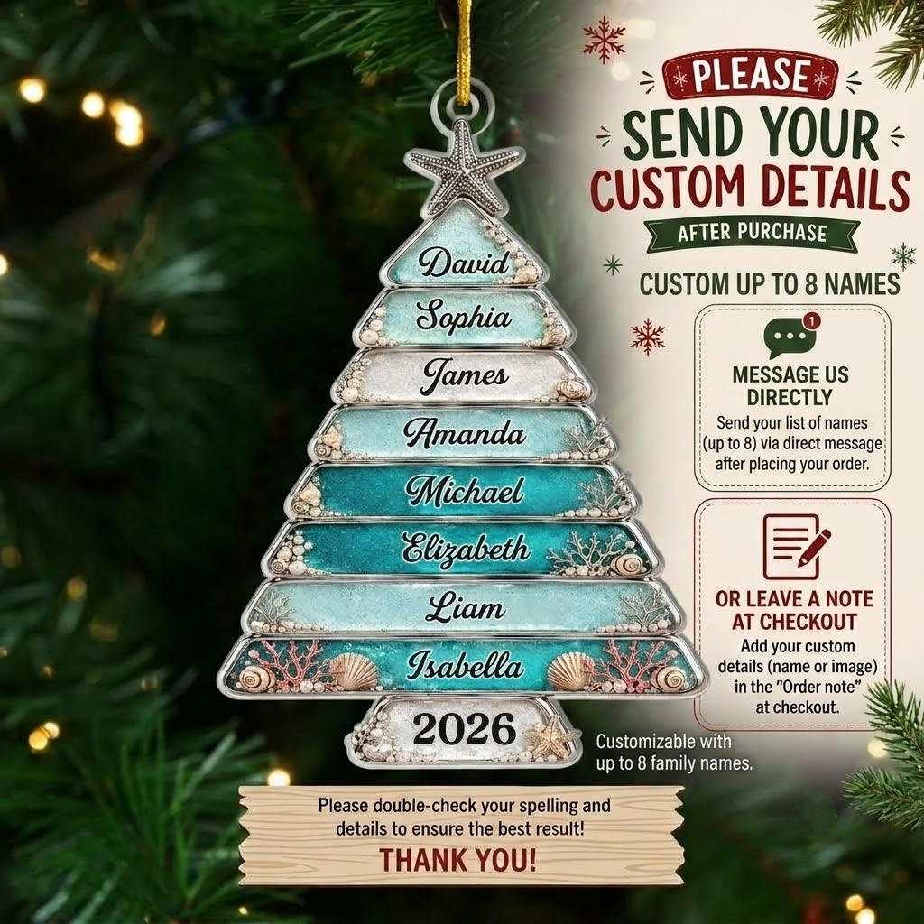 Coastal Beach Christmas Tree Ornament Personalized Family Starfish Seashell Keepsake Holiday Decor G on a hanger, ready to ship from Austin, Texas