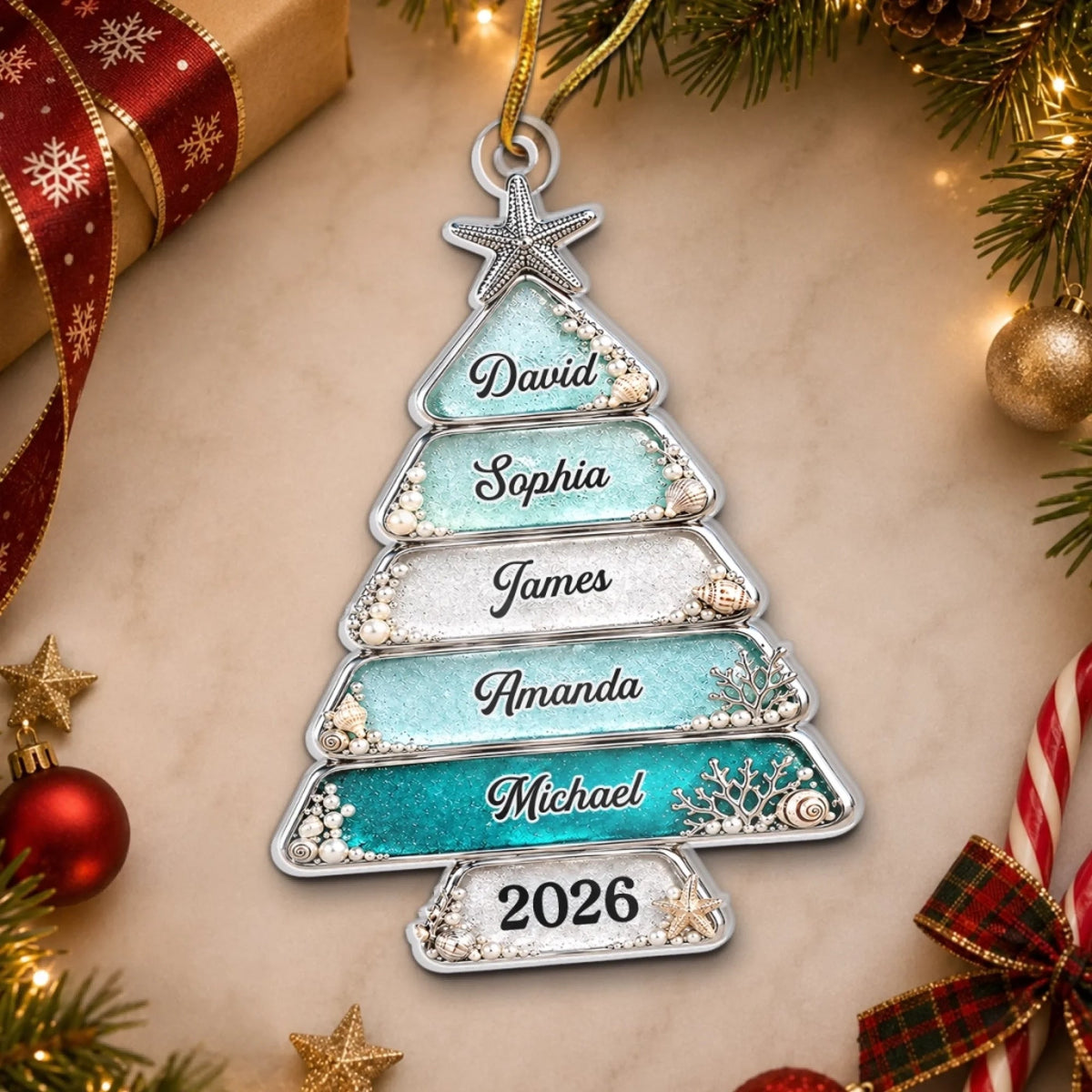 Customer in Austin, Texas wearing Coastal Beach Christmas Tree Ornament Personalized Family Starfish Seashell Keepsake Holiday Decor G