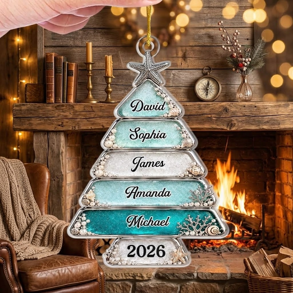 Customer in Austin, Texas wearing Coastal Beach Christmas Tree Ornament Personalized Family Starfish Seashell Keepsake Holiday Decor G