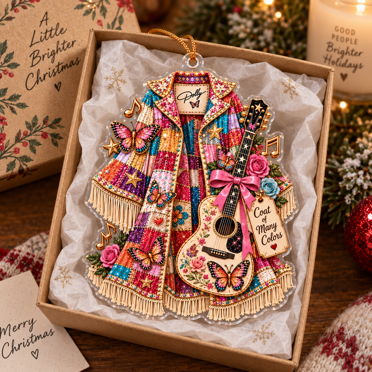 Close-up of Coat of Many Colors Ornament Dolly Parton Inspired Patchwork Jacket Christmas Gift for streetwear fans in Austin, Texas