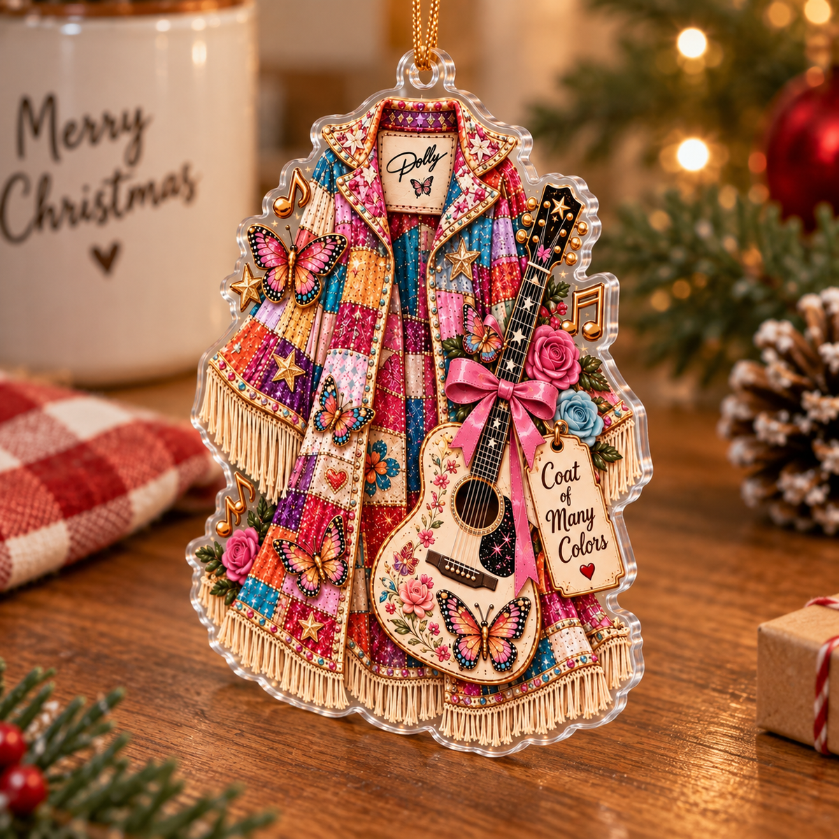 Customer in Austin, Texas wearing Coat of Many Colors Ornament Dolly Parton Inspired Patchwork Jacket Christmas Gift
