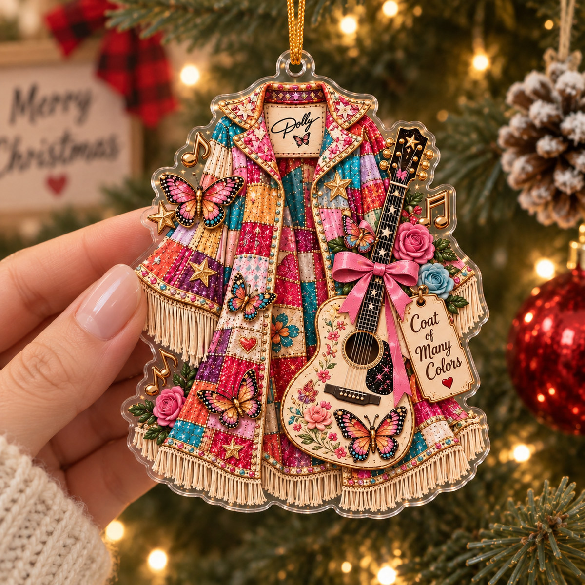 Coat of Many Colors Ornament Dolly Parton Inspired Patchwork Jacket Christmas Gift available at our Austin, Texas warehouse