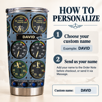 Instruction graphic showing how to personalize the cockpit instrument panel tumbler with a custom name.