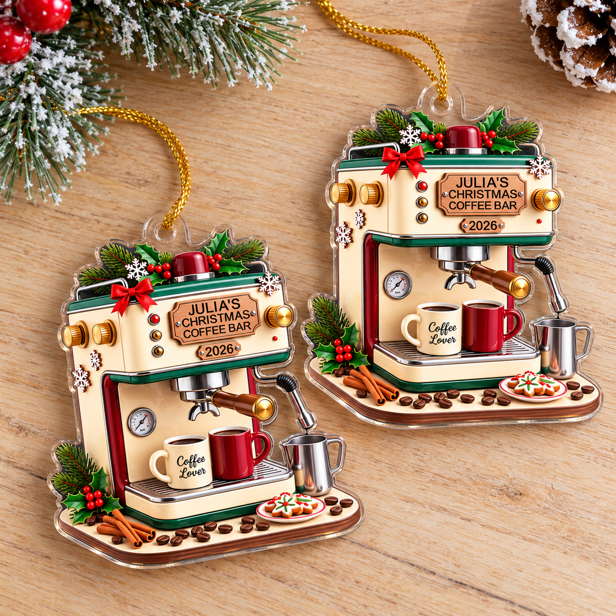 Two personalized acrylic coffee lover ornaments laid out on a light wood surface with pine sprigs and a pinecone.