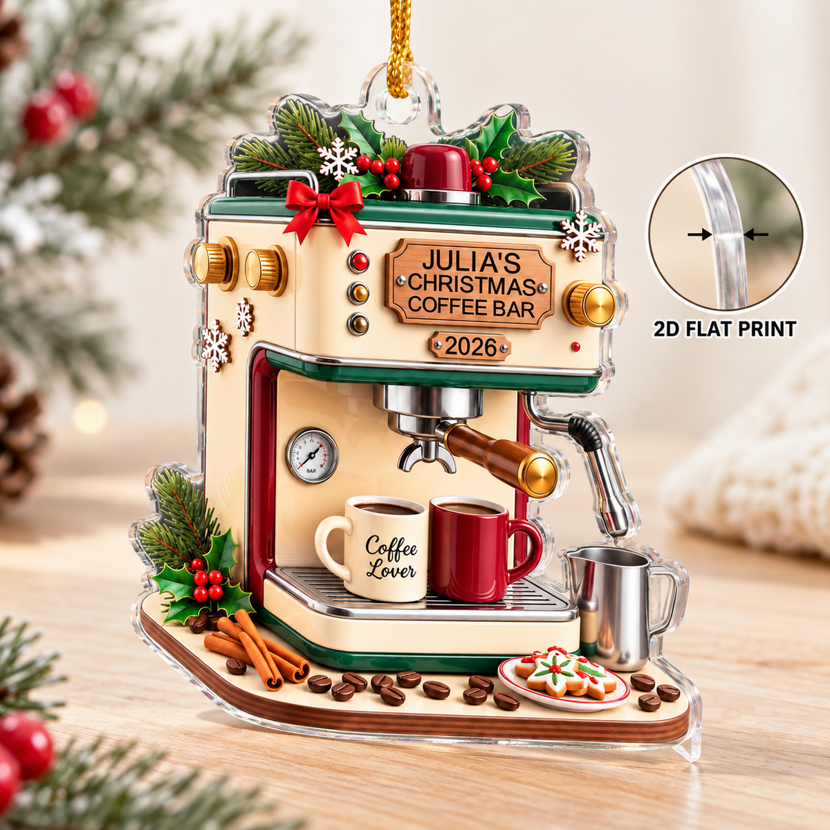 Close-up of the vintage espresso machine ornament with an inset highlighting its 2D flat acrylic print profile.