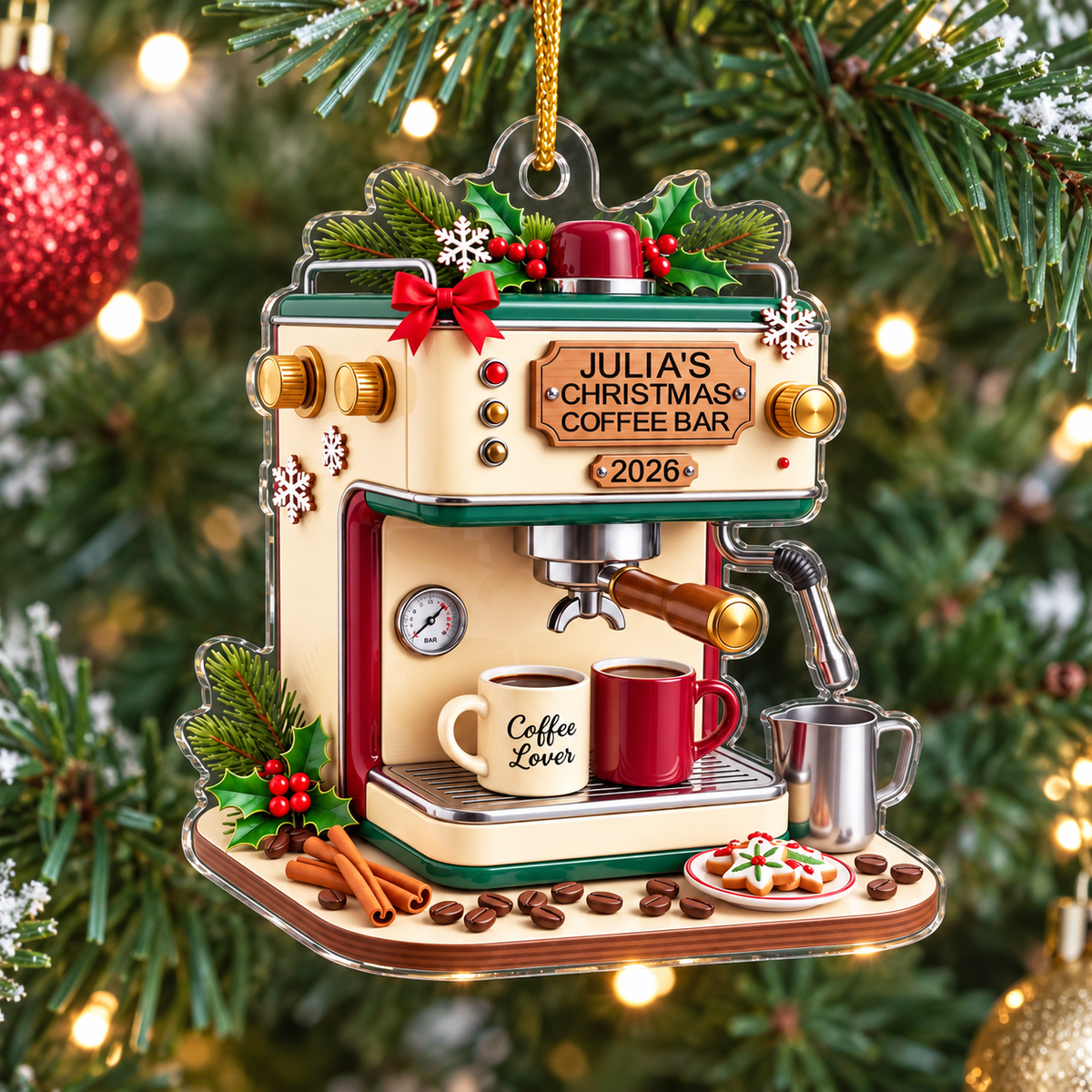 Vintage espresso machine Christmas tree decoration hanging from pine branches with red ornament in background.
