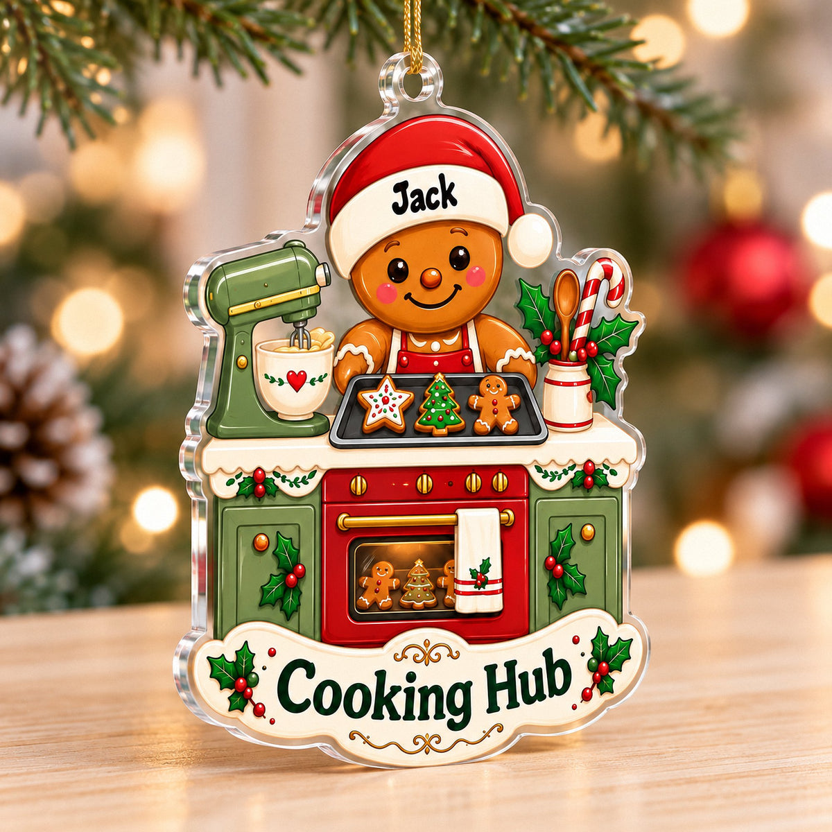 Close-up of a custom kitchen Christmas ornament featuring a gingerbread baker named Jack.