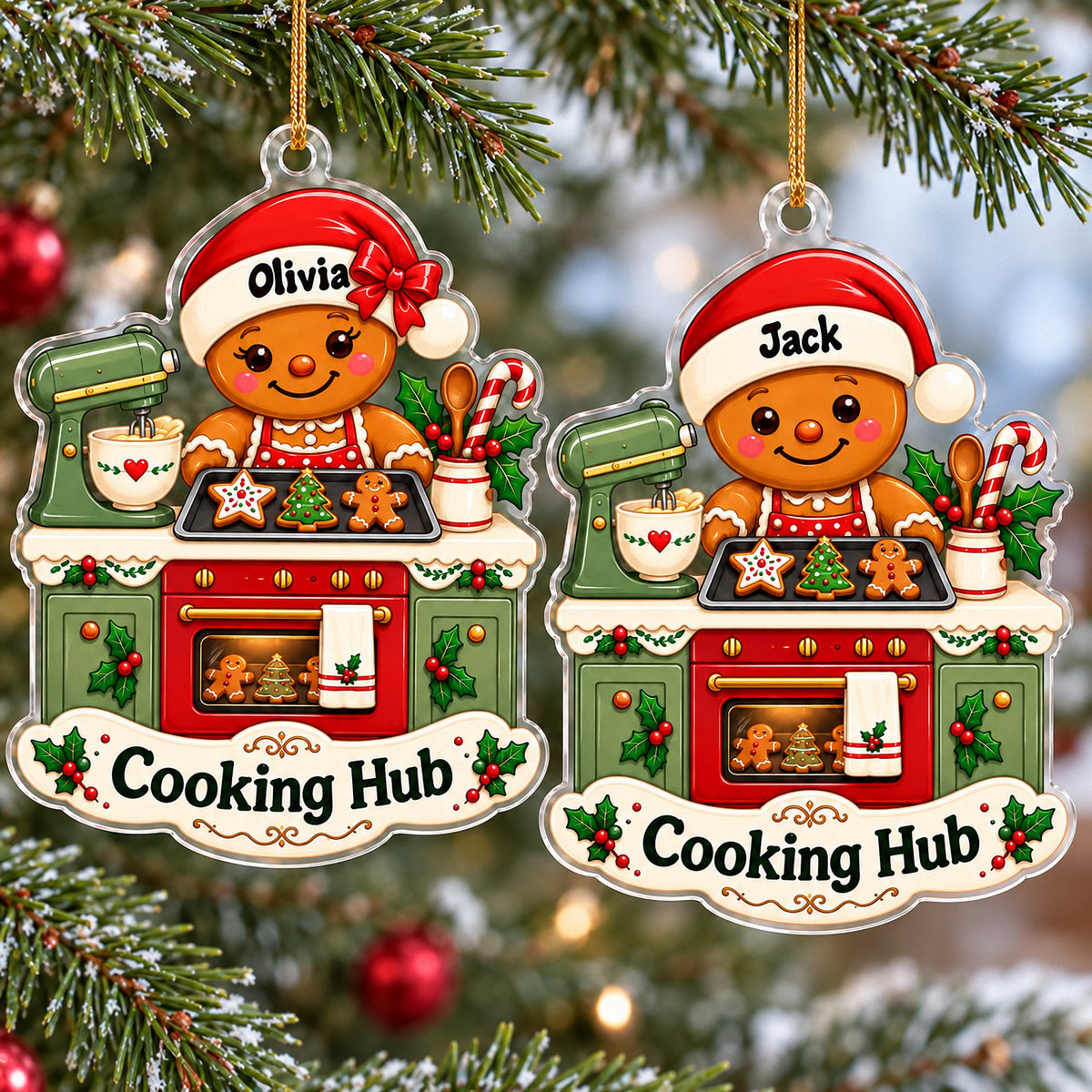 Two personalized Gingerbread Kitchen Christmas Gift ornaments hanging side by side.
