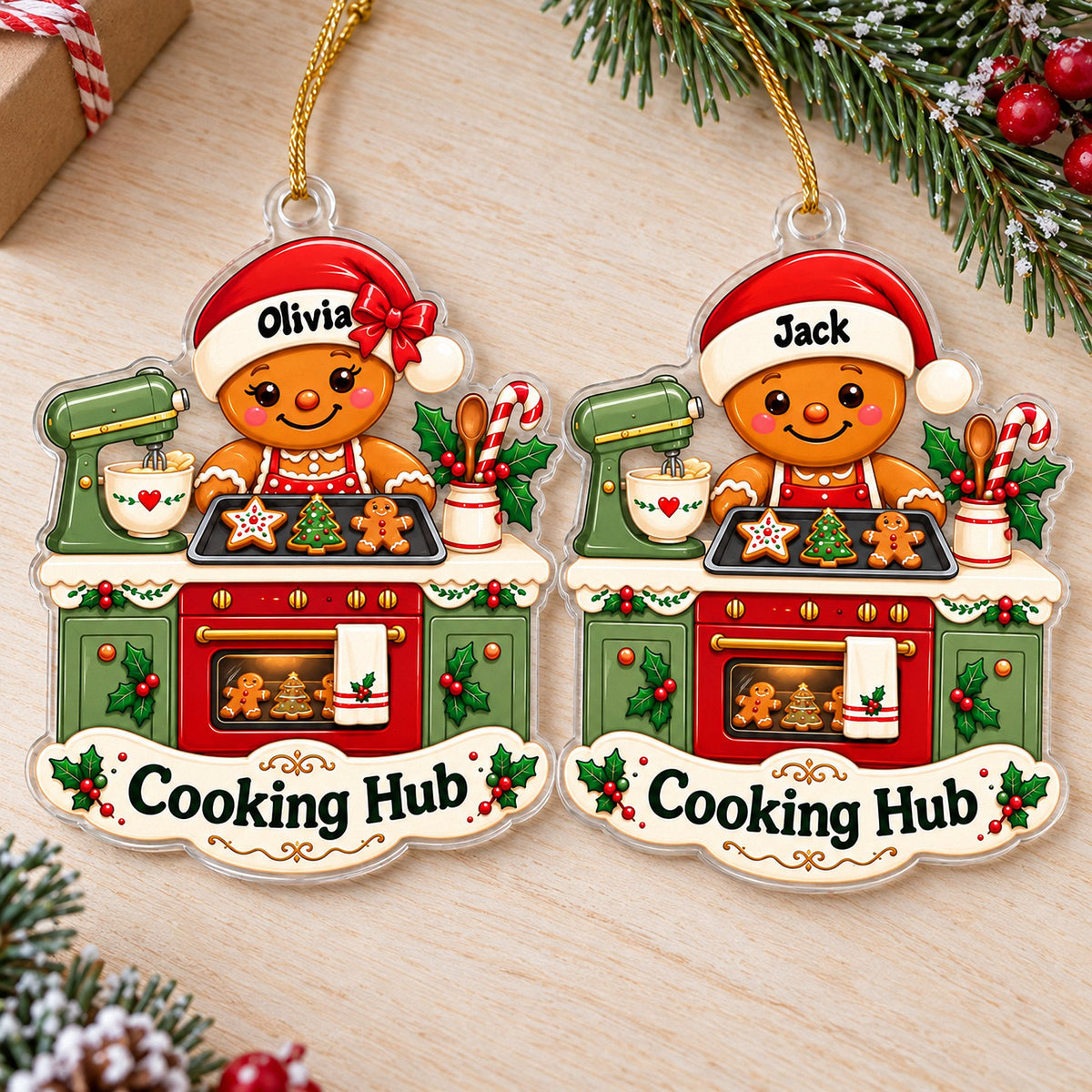 Two custom kitchen Christmas ornaments named Olivia and Jack displayed together.