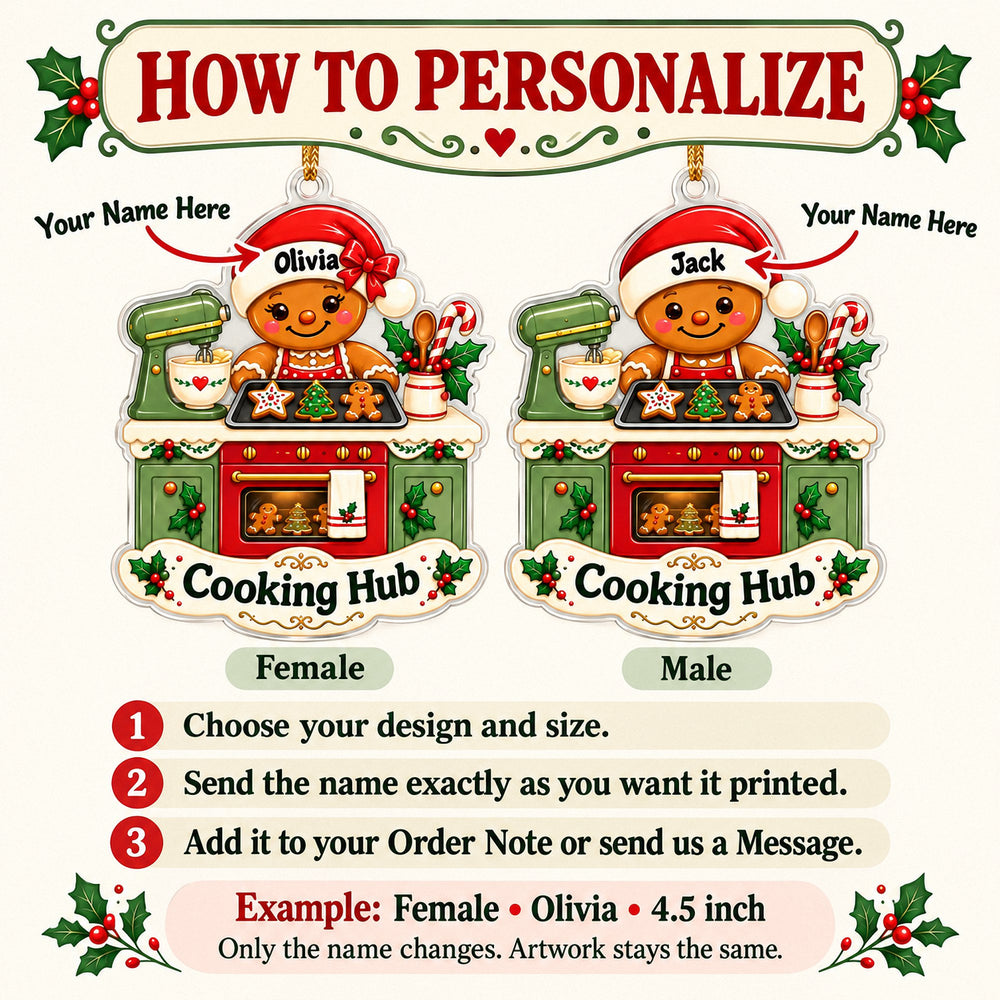 Personalization guide for two custom acrylic gingerbread baker Christmas ornaments with names Olivia and Jack.