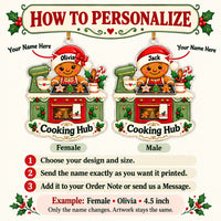 Personalization guide for two custom acrylic gingerbread baker Christmas ornaments with names Olivia and Jack.
