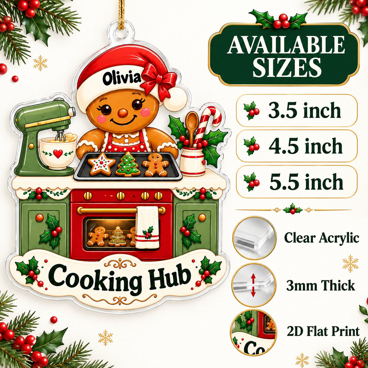Personalized Gingerbread Kitchen Christmas Gift ornament with size options and acrylic details.