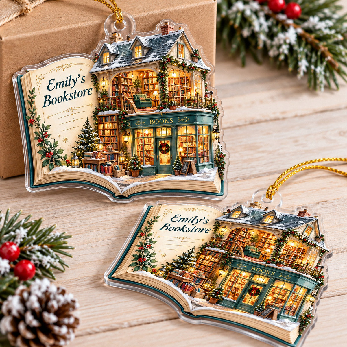 Two personalized acrylic bookstore Christmas ornaments on a wooden tabletop near pine branches.