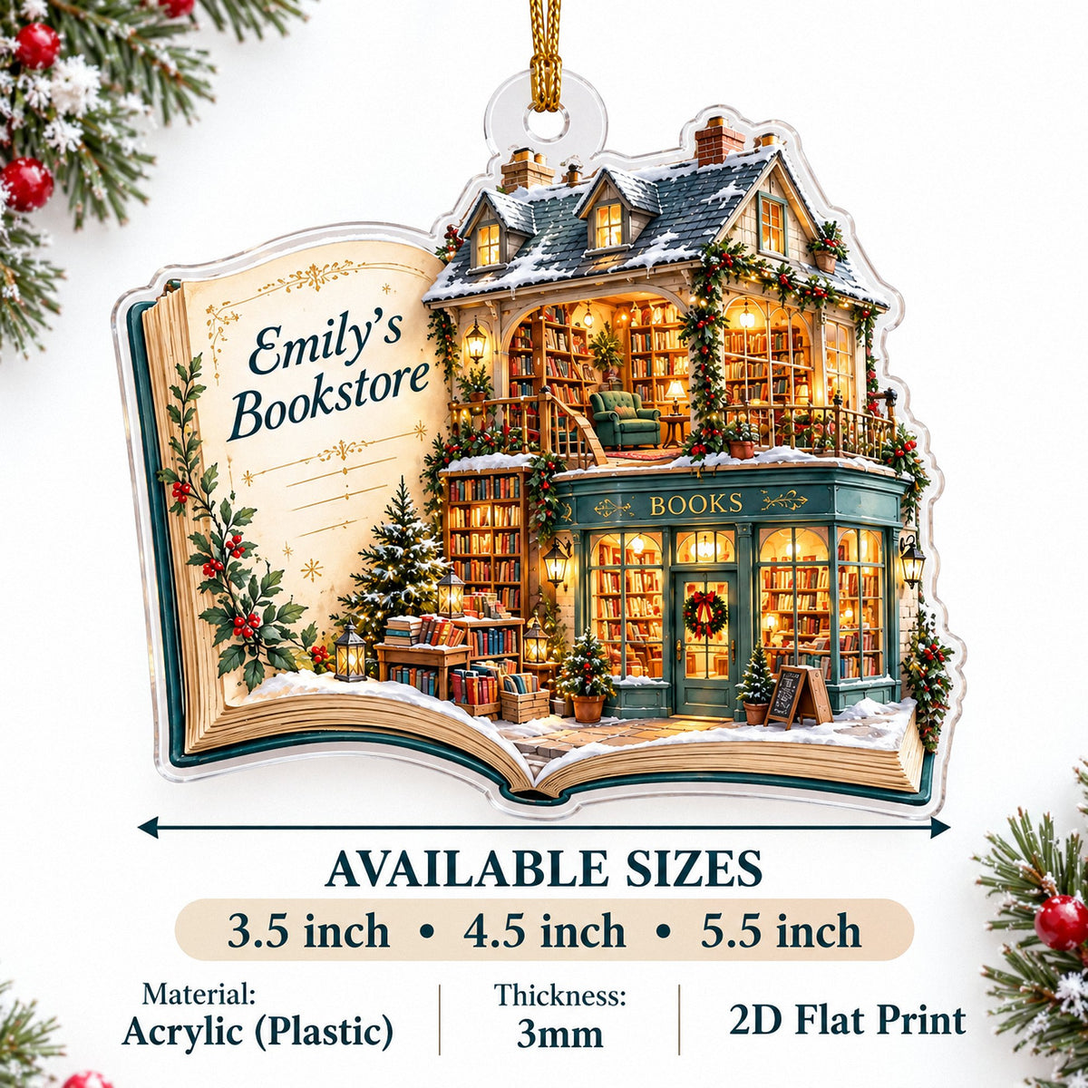 Acrylic bookstore holiday ornament on a white background with sizing and material details.