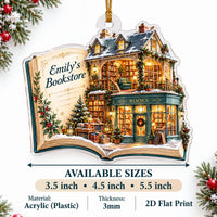 Acrylic bookstore holiday ornament on a white background with sizing and material details.
