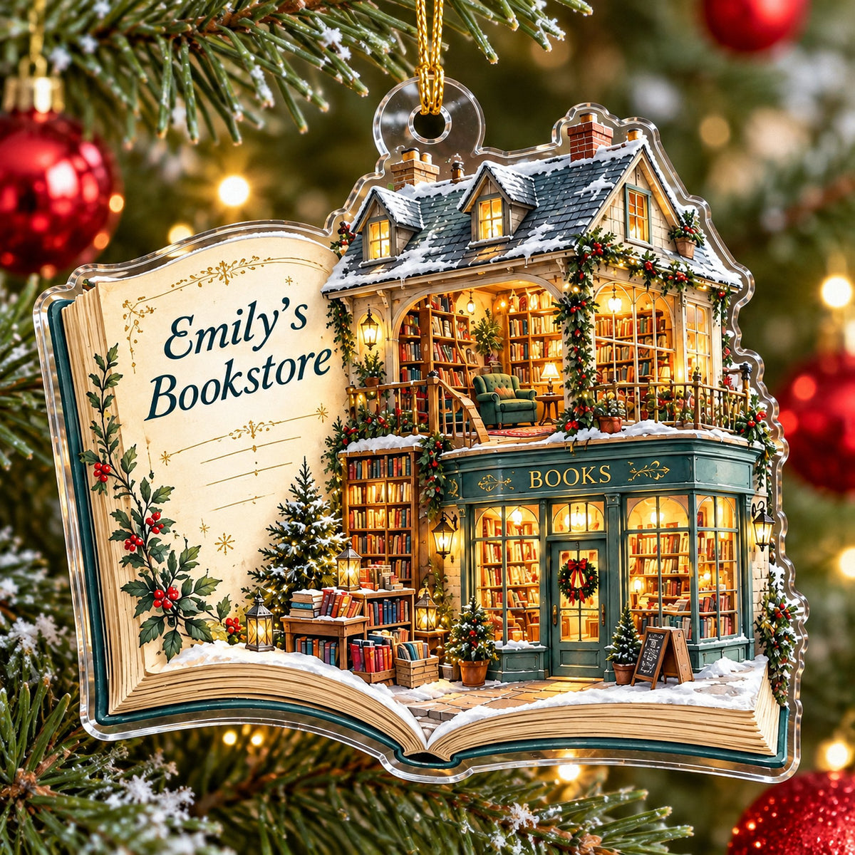 Close-up of the flat acrylic book ornament hanging on a festive Christmas tree.