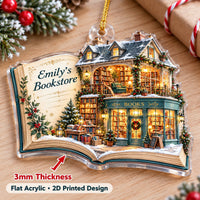 Acrylic hanging ornament showing a cozy two-story bookstore design with a custom name.