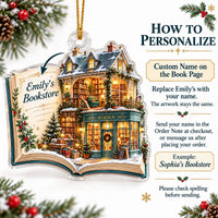 Instruction graphic explaining how to order custom text on the acrylic book ornament.