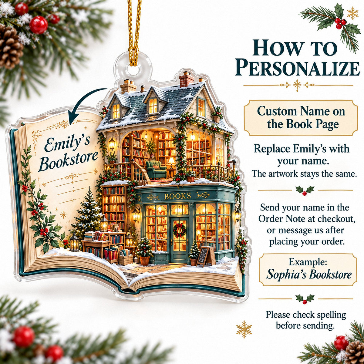 Instruction graphic explaining how to order custom text on the acrylic book ornament.
