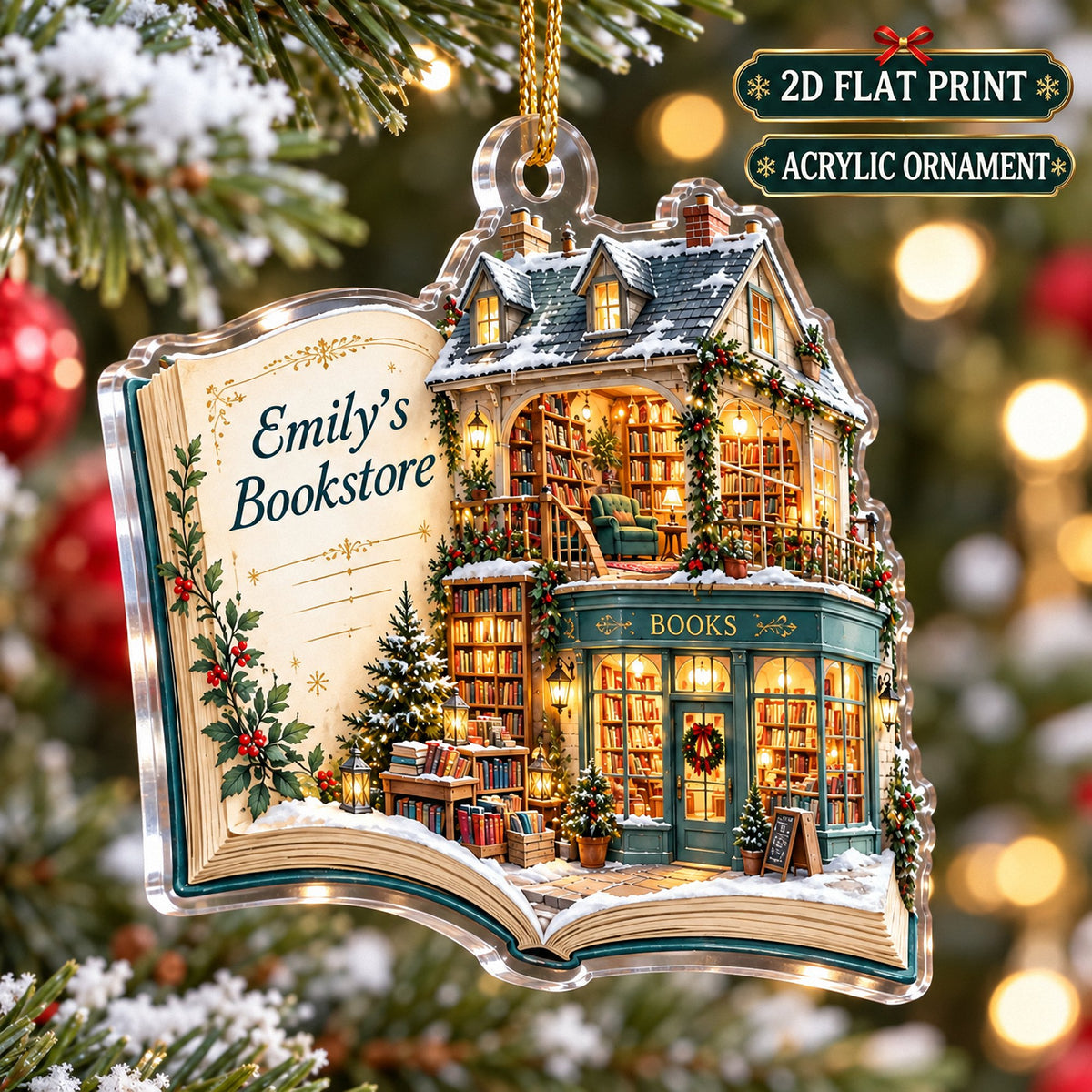 Glowing bookstore acrylic ornament displayed against a softly lit holiday tree.