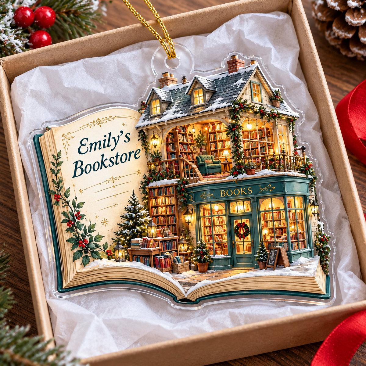 Personalized acrylic Christmas ornament resting inside an open gift box with tissue paper.
