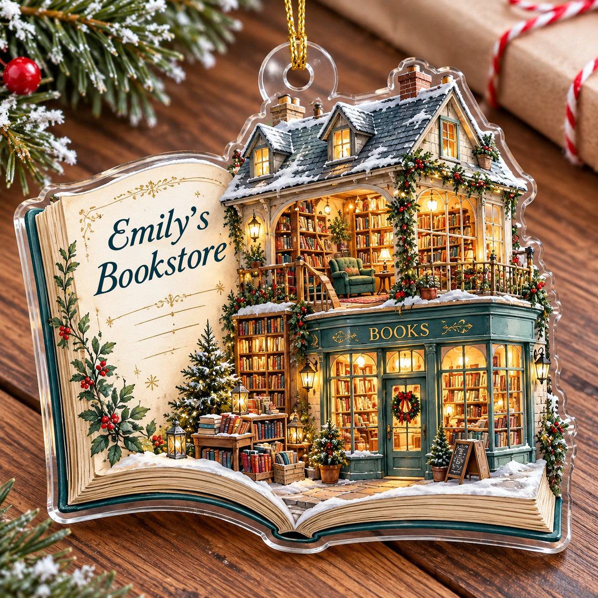 Personalized acrylic book ornament featuring a cozy bookstore illustration and the name Emily's Bookstore hanging with a gold