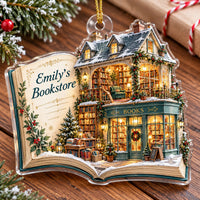 Personalized acrylic book ornament featuring a cozy bookstore illustration and the name Emily's Bookstore hanging with a gold