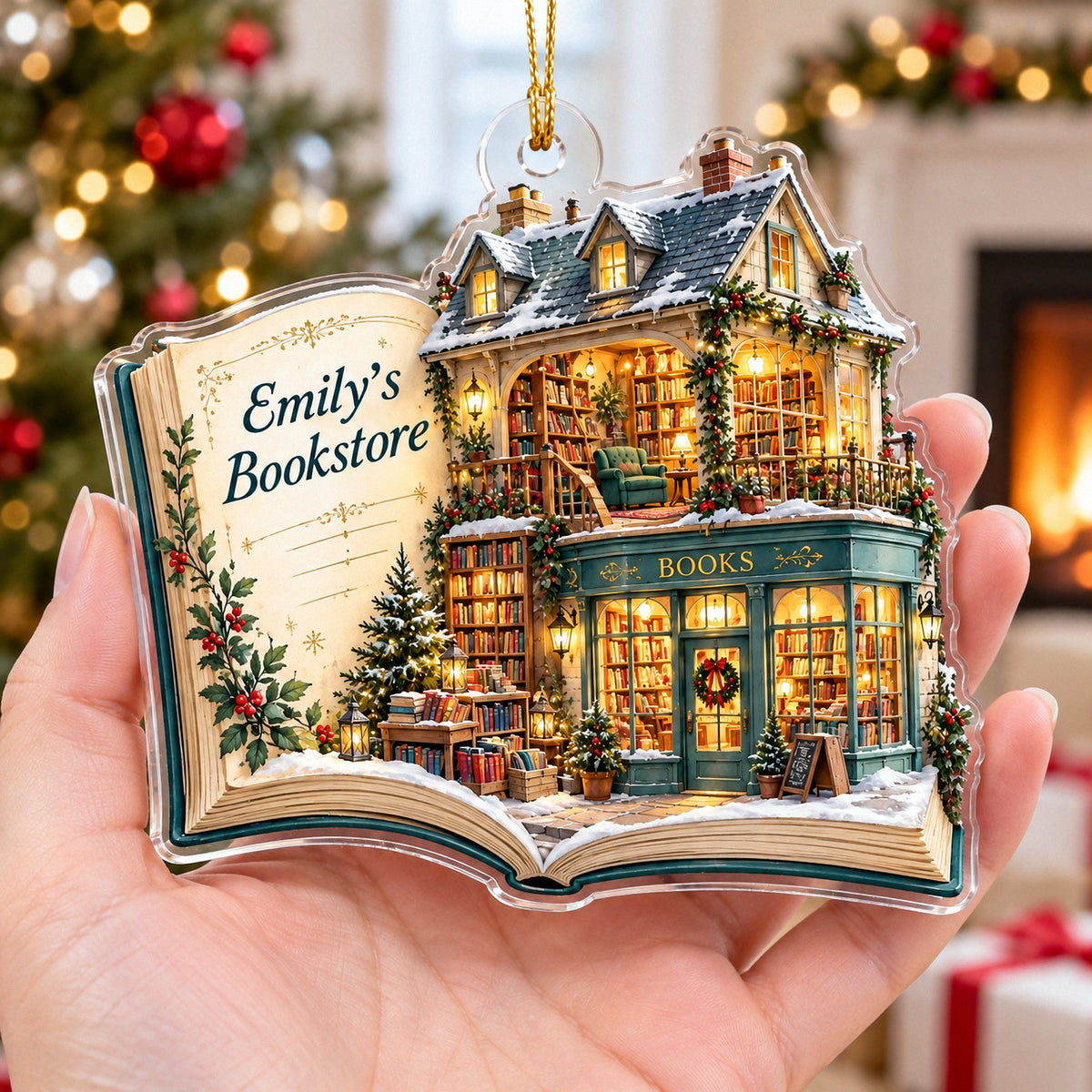 Hand holding a clear acrylic book ornament with a custom bookstore scene and holiday lights.
