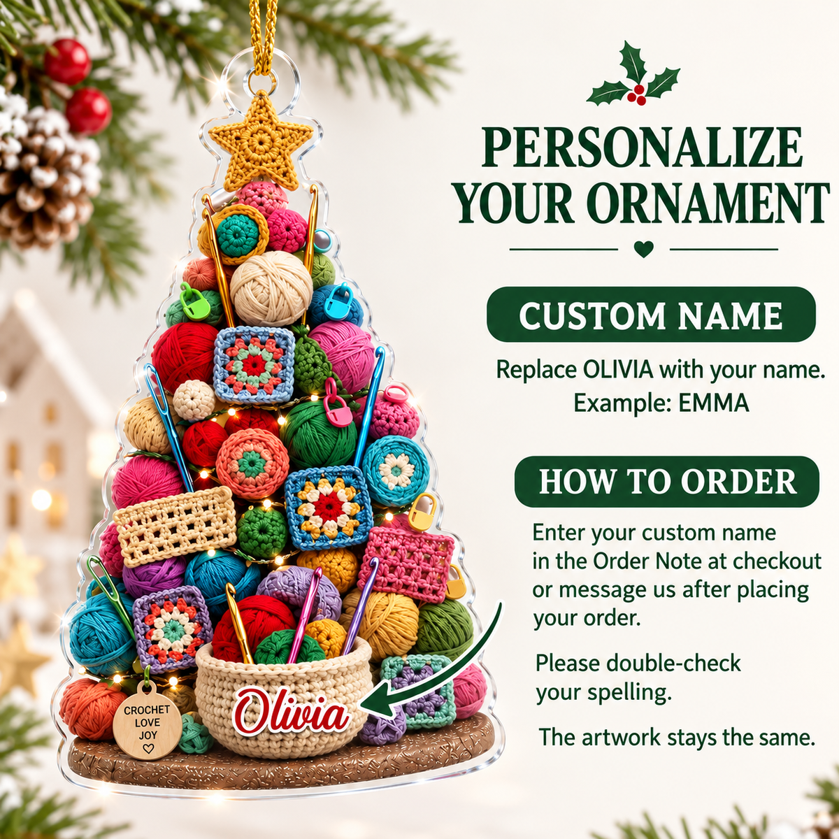 Personalized acrylic Christmas tree ornament infographic explaining custom name ordering steps and text replacement details.