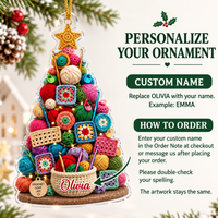 Personalized acrylic Christmas tree ornament infographic explaining custom name ordering steps and text replacement details.