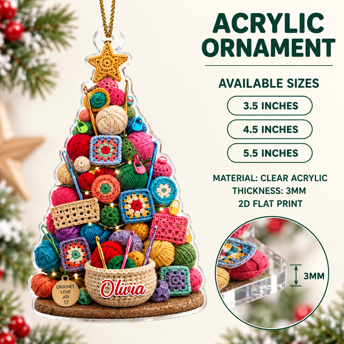 Personalized acrylic Christmas tree ornament infographic showing available sizes, clear acrylic material, and thickness