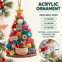 Personalized acrylic Christmas tree ornament infographic showing available sizes, clear acrylic material, and thickness