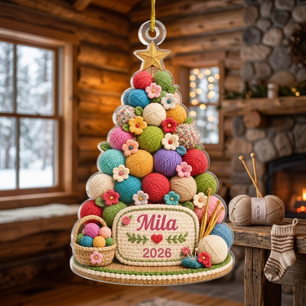 Customer in Austin, Texas wearing Crochet Yarn Ball Christmas Tree Ornament Personalized Custom Name Keepsake Gift for Crocheters Knit