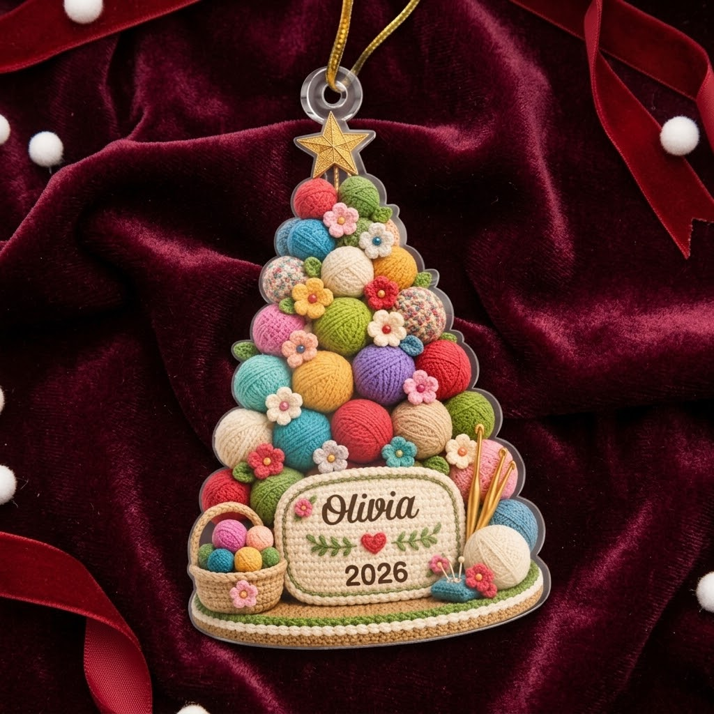 Crochet Yarn Ball Christmas Tree Ornament Personalized Custom Name Keepsake Gift for Crocheters Knit available at our Austin, Texas warehouse