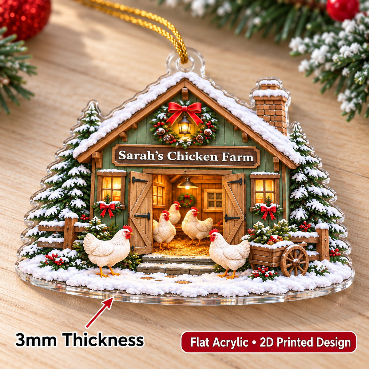 Flat acrylic ornament resting on a wooden surface with a 3mm thickness label