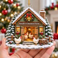 Close-up of the custom acrylic chicken coop ornament held in a hand