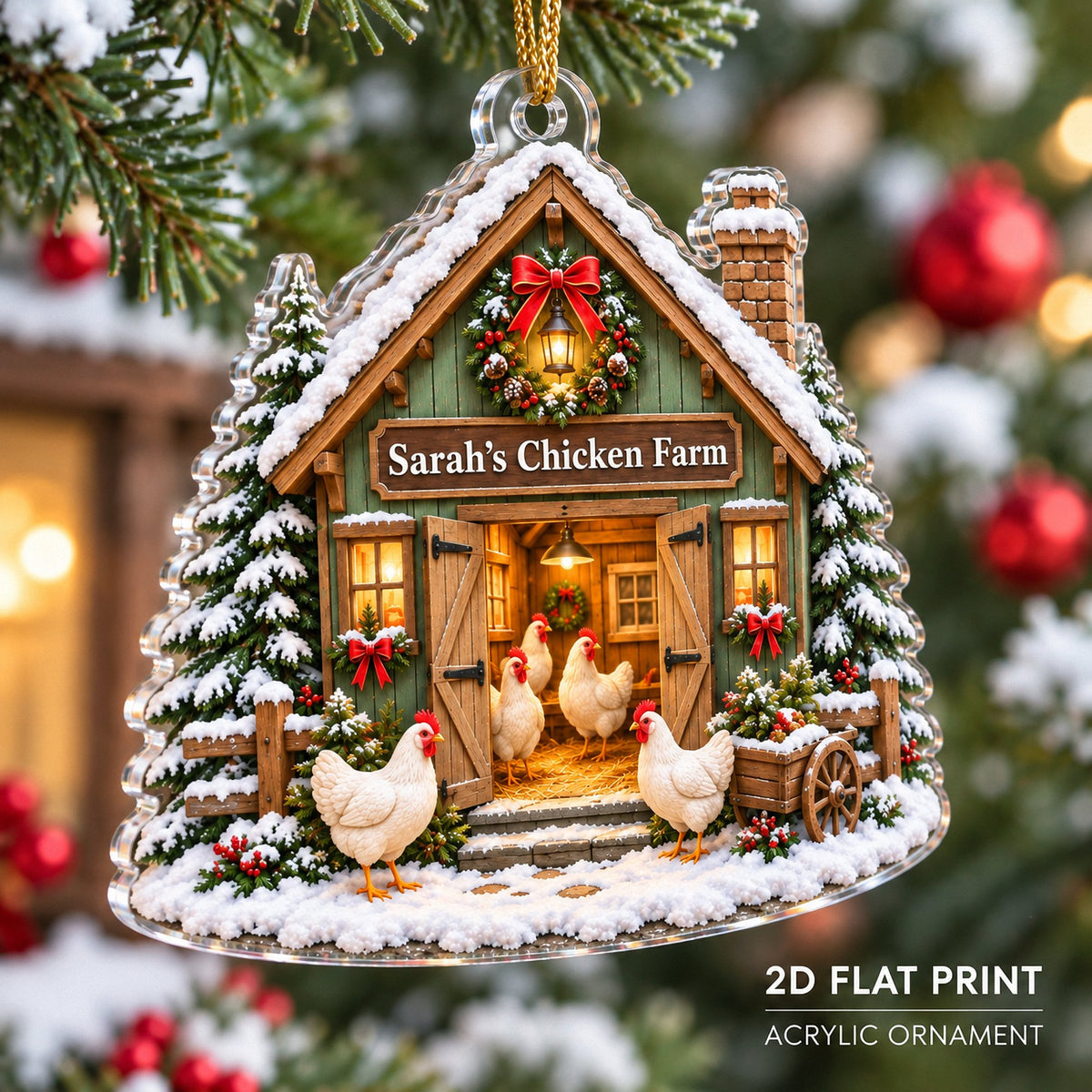 Clear acrylic ornament featuring a winter chicken coop and snow-dusted pine trees