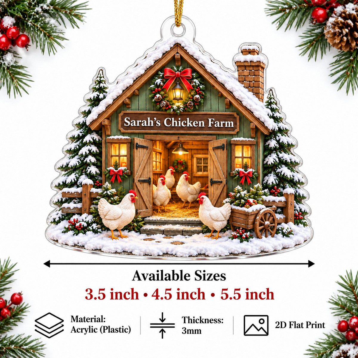Product lineup showing the custom chicken coop ornament with available size options