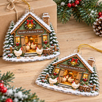 Two personalized acrylic chicken coop ornaments displayed on a rustic wood tabletop