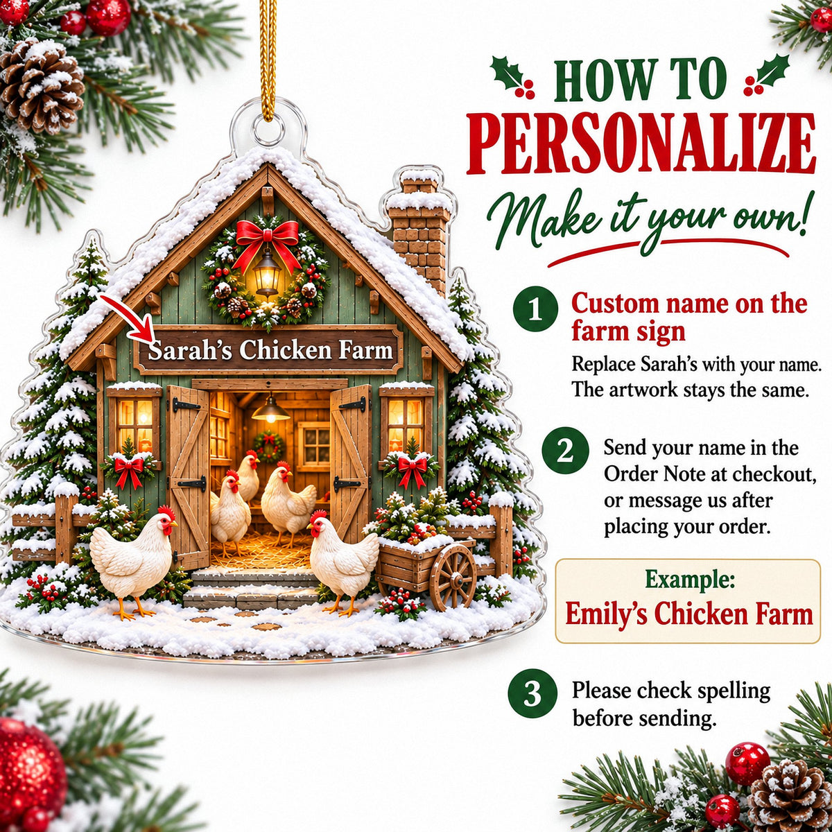 Instruction graphic explaining how to personalize the custom chicken coop ornament