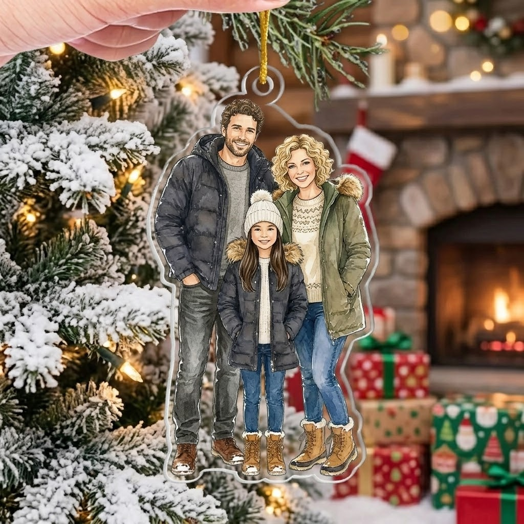 Customer in Austin, Texas wearing Custom Family Portrait Acrylic Christmas Ornament, Personalized Photo Keepsake Gift for Family